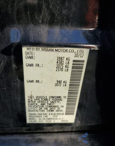 2013 Nissan Altima 3.5S z USA, uszkodzony, nr VIN 1N4BL3AP3DC166908